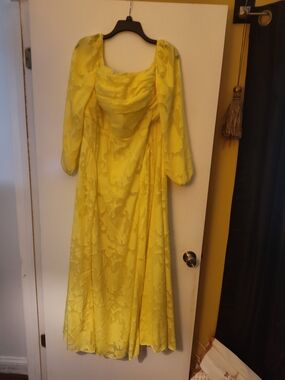 Yellow Floral Long Sleeve Evening Dress